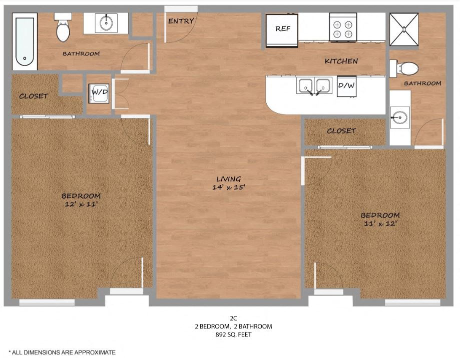 Floor plan for 2 beds, 2 baths, 892 sqft